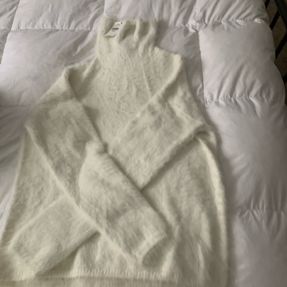 Fuzzy soft winter white turtleneck sweater